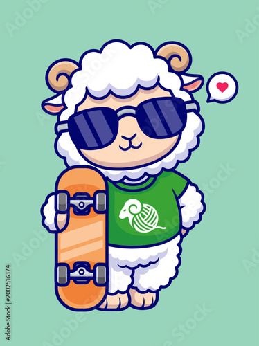 Cartoon sheep wearing sunglasses skateboard.