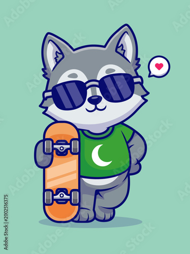 Cartoon wolf wearing sunglasses skateboard.