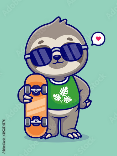 Cartoon Sloth Wearing Sunglasses Skateboard.