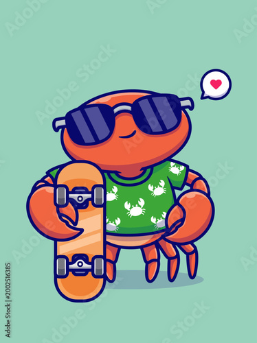Crab Wearing Sunglasses Holding Skateboard.