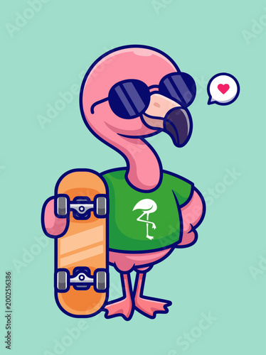 Cool cartoon flamingo with skateboard.