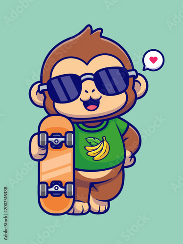Monkey wearing sunglasses skateboard.
