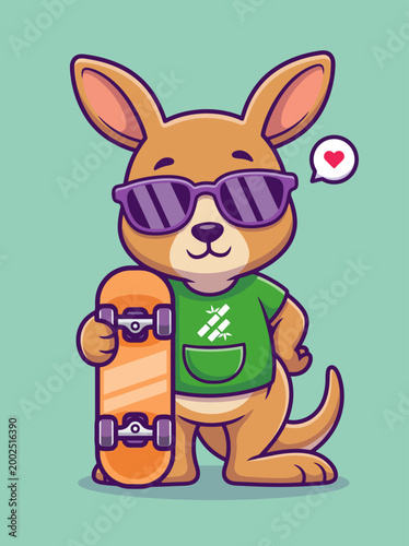 Kangaroo Wearing Sunglasses Holding Skateboard.