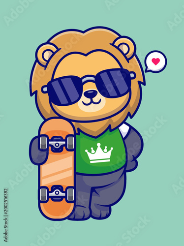 Lion Wearing Sunglasses Holding Skateboard.