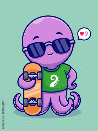 Purple octopus wearing sunglasses skateboarding.