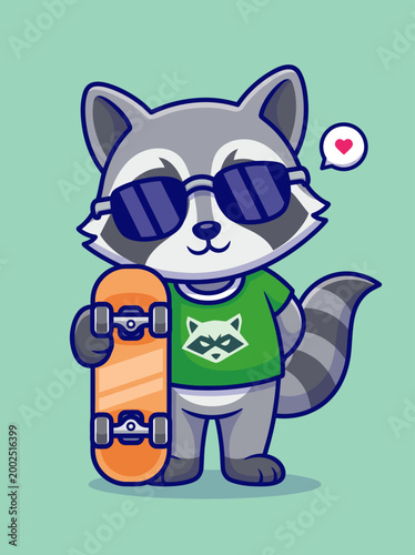 Raccoon wearing sunglasses skateboard.