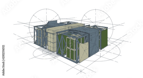 Architectural Blueprint of Modular Building Units with Construction Grid.