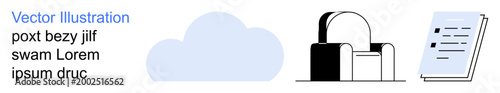 Data storage, cloud computing, industry, manufacturing, digital tools, documentation. A blue cloud, a factory silhouette and a document icon. Cloud computing and industry concepts