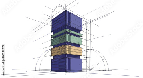 Foto Architectural sketch of a modern building design with stacked colorful blocks