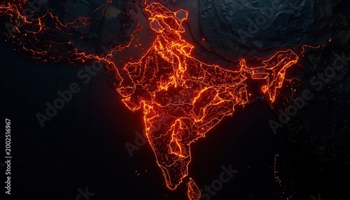 Fiery India: An abstract, high-angle view showcases India's geographical form illuminated with fiery, interconnected lines against a stark, dark backdrop, symbolizing energy and connectivity.