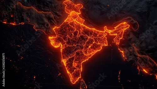 India's glowing outlines: A digitally rendered map of India illuminates with radiant outlines, representing a modern interpretation of the country's geographical contours, bathed in an otherworldly.