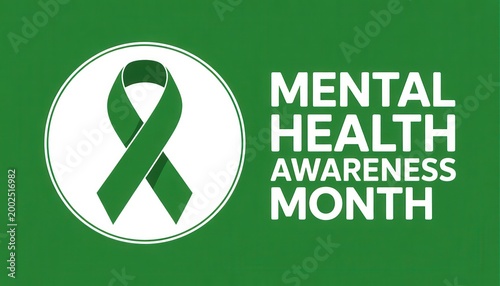 Mental Health Awareness: A green ribbon symbolizing mental health awareness, advocating for support and understanding in a visually compelling graphic. 