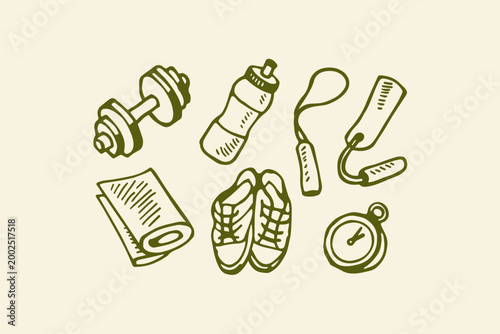 Hand-drawn doodle icons of fitness equipment for exercise and healthy lifestyle dumbbells water bottle jump rope towel sneakers with exercise lifestyle illustration equipment dumbbell