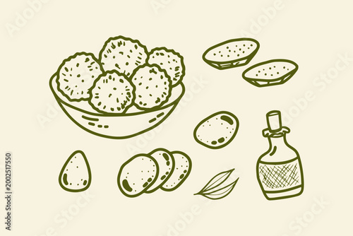 Hand-drawn illustration of falafel olive oil olives with middle eastern line art prepared food chickpea vegetarian mediterranean illustration collection template background