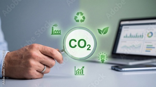 Businessman showing carbon emission reduction concept with co2 and sustainability symbols