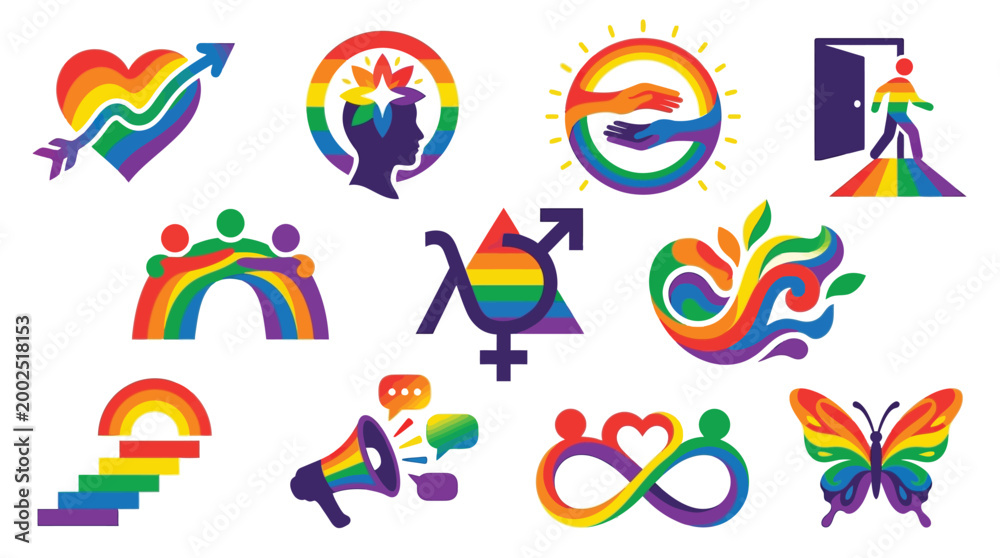 Fototapeta premium Collection of rainbow-themed icons representing diversity, inclusion, and LGBTQ+ pride, featuring symbols like hearts, people, butterflies, and abstract designs.