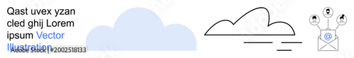 Cloud computing, digital communication, data sharing, email networks, online collaboration, IT concepts. A cloud, an envelope icon and digital connections. Cloud computing and digital communication