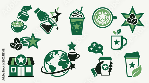 Konstfotografi Collection of green Starbucks-themed icons and illustrations, featuring coffee cups, a store, the globe, and various branding elements