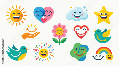 Εκτύπωση καμβά A vibrant collection of cheerful and happy cartoon-style icons representing positive emotions and symbols of joy