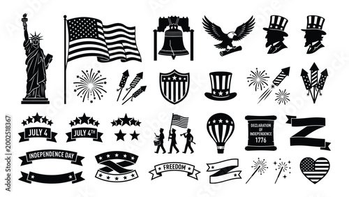 Patriotic icons celebrating american independence with flags eagles fireworks and national symbols in bold black silhouettes