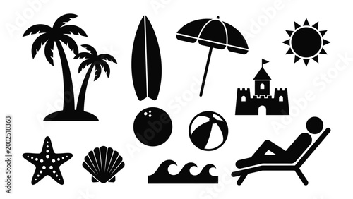 Black silhouettes of beach icons including palm trees surfboard umbrella sandcastle sun starfish seashell ball and reclining figure