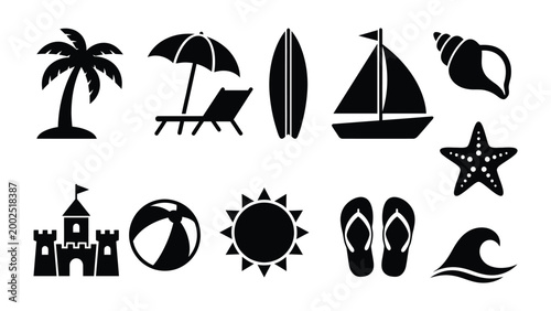 Black silhouettes of beach icons including palm tree umbrella surfboard sailboat shell starfish sandcastle sun flip flops and wave on a white background