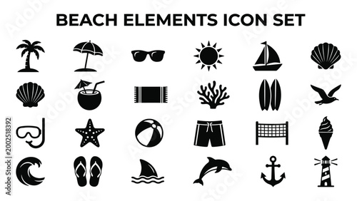 Beach themed icon set featuring tropical elements marine life recreational objects and summer symbols in a bold black and white design