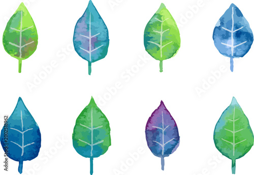 木の葉によるイラスト素材セット　水彩画のグラデーション