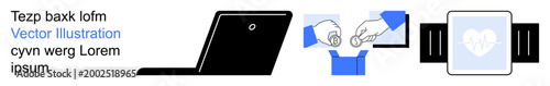 Technology, collaboration, healthcare, modern devices, digital solutions, remote work. Black laptop, handshake smartwatch with heart symbol. Technology and digital solutions concept