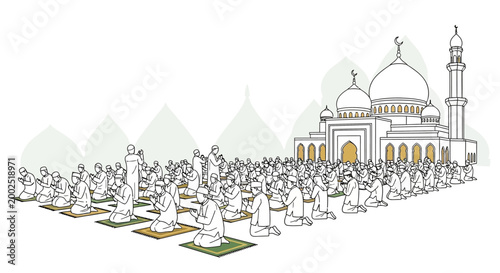 Line drawing of a large crowd of people praying in front of a mosque with domes and a minaret on a white background.