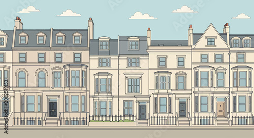 Row of Traditional Townhouses with Bay Windows and Chimneys.