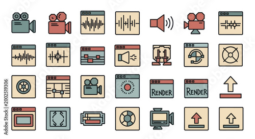 Video and Audio Editing Software Interface Icons Set for Multimedia Production.