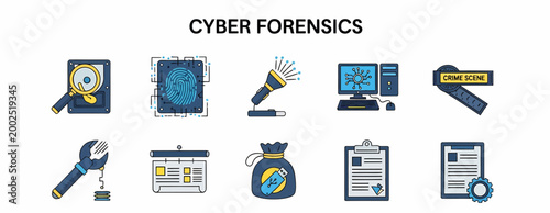 Tableau sur toile Cyber Forensics Icons Set Illustrating Digital Investigation Tools and Concepts