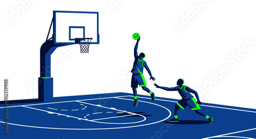 Basketball players in action, dunking and defending on court, dynamic sports illustration