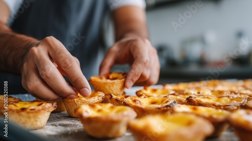 Baker hands arranging fresh baked portuguese egg tarts on a tray.
