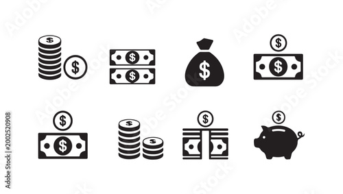 Collection of eight flat icons featuring currency symbols and various cash denominations.