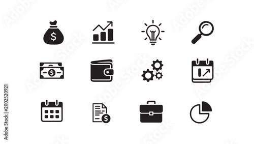 Twelve professional financial icons illustrating business planning and management tasks.
