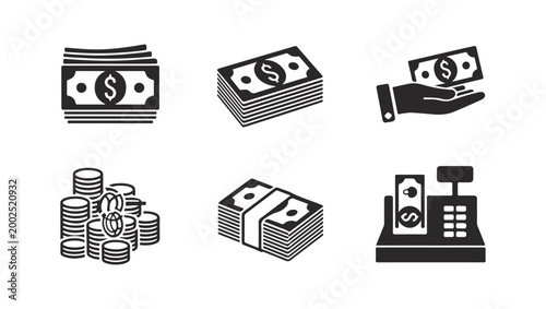 Six detailed icons representing various cash handling methods and financial transactions.