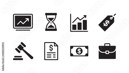 Set of eight business icons showing financial analytics growth charts and legal symbols.