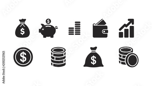 Solid black financial icons collection set featuring money, savings and wealth concepts.