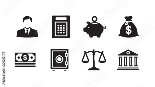 Financial services icons for banking investment and personal finance management.