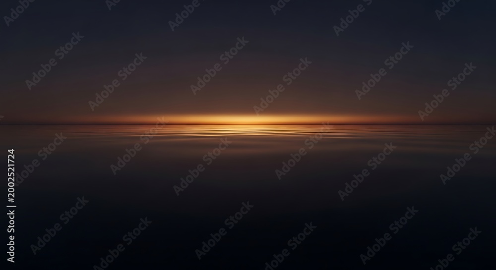 Fototapeta premium Dark ocean water with a vibrant orange sunset on the horizon line