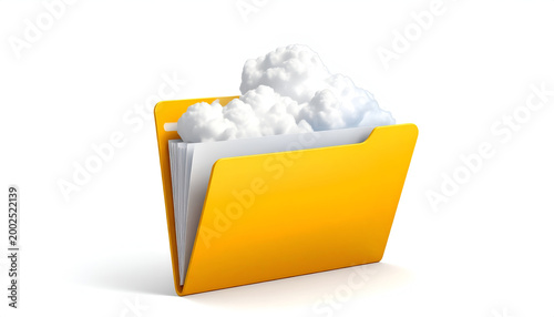 3D render of a yellow folder filled with digital cloud data and documents isolated on white