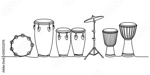 Continuous single line drawing of various percussion instruments including conga drums bongo drums tambourine and cymbals in a musical set composition Vector, illustration