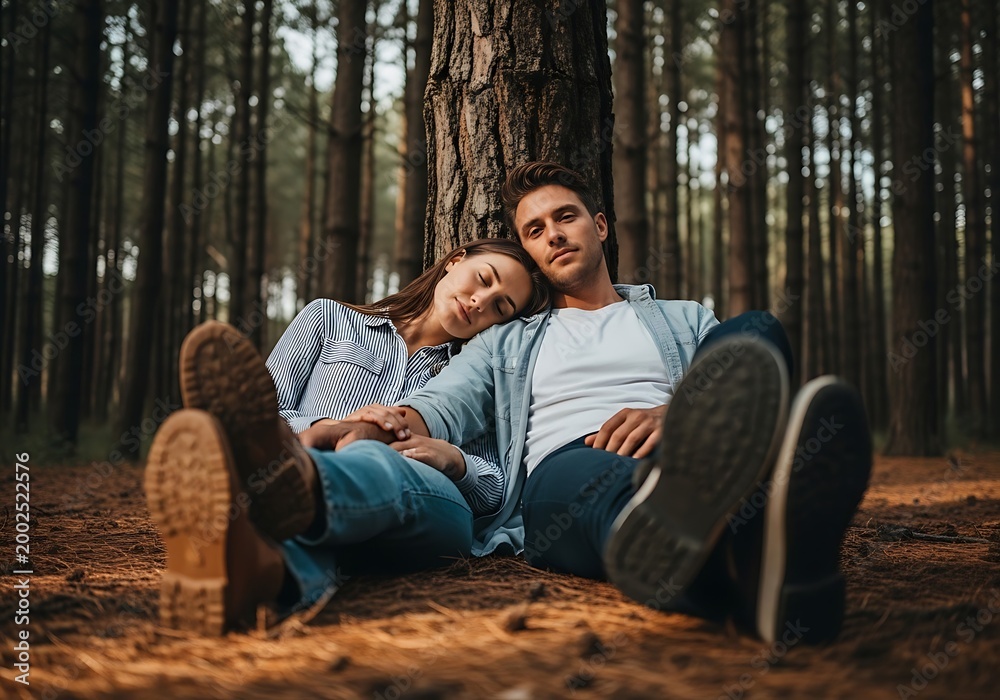 Fototapeta premium Couple resting by a tree in the forest