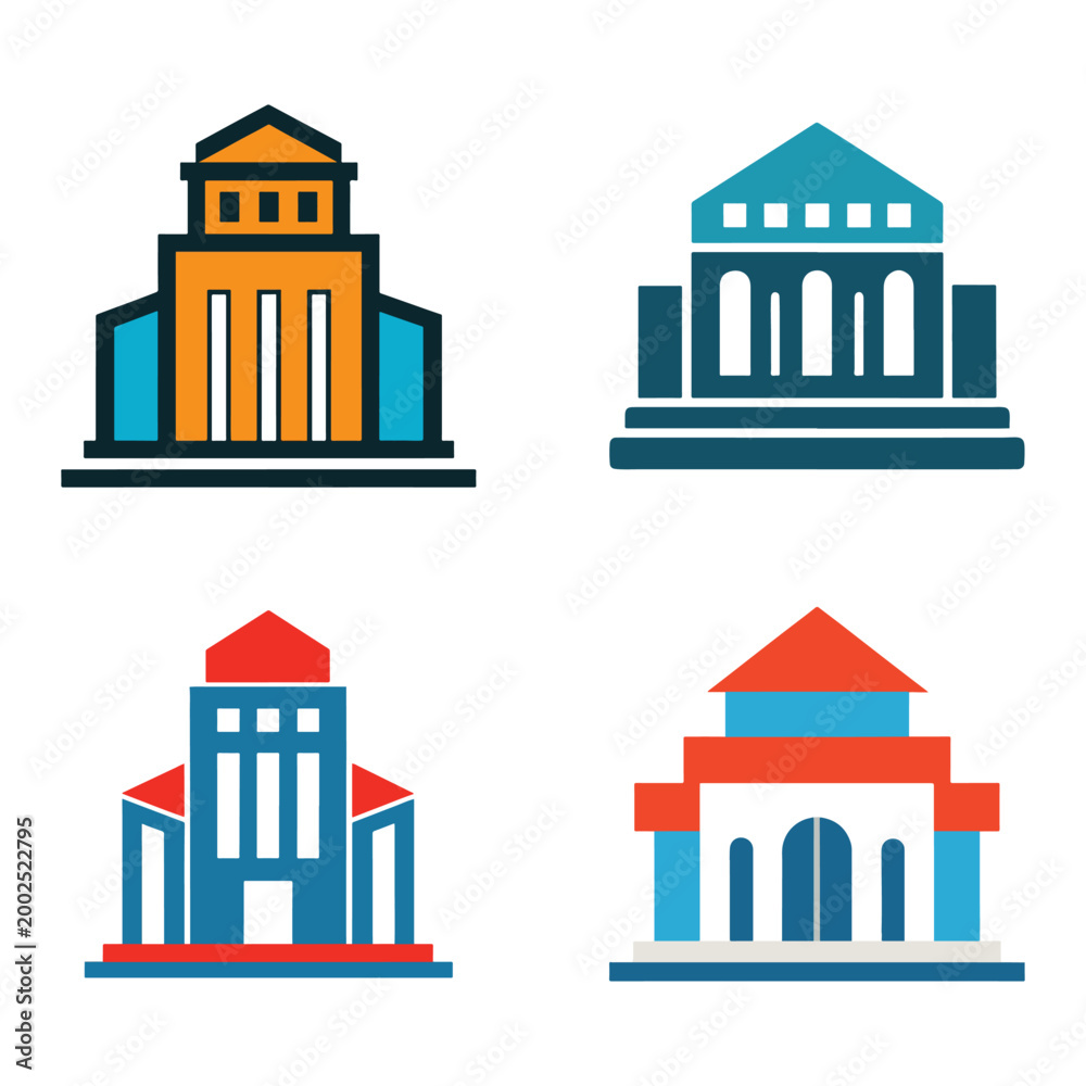 Fototapeta premium Colorful building icons set buildings architecture structures icons colorful graphic design elements isolated on white background