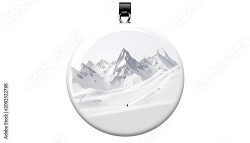 3D render of snowy mountain peaks and slopes with tiny skiers on a circular pendant