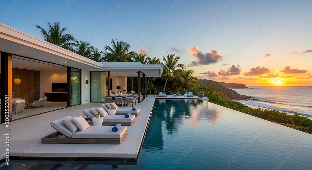 Fototapeta premium Luxury Modern Villa with Infinity Pool at Sunset.