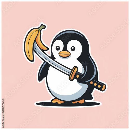Fotografía Cartoon Penguin Holding Banana Sword.