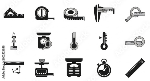 Collection of measurement tools and scientific instruments icons.